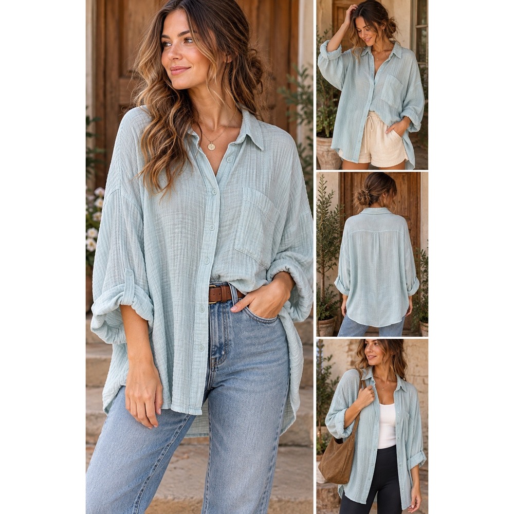 American Eagle Aqua Blue Oversized Gauzy Cotton Button Down Shirt Large